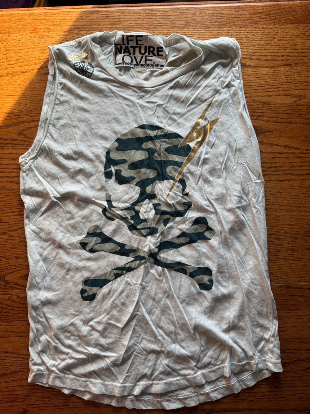 soulcycle White Tank Top with Camouflage Skull & Gold Lightning Graphic